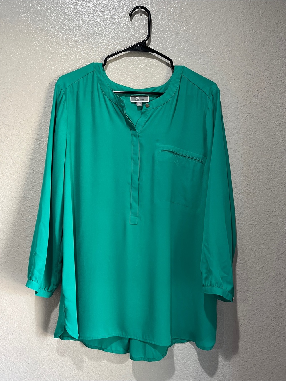 JM Collection Teal Split-Neck Tunic Blouse Sz XL Office Flowy Sheer Career
